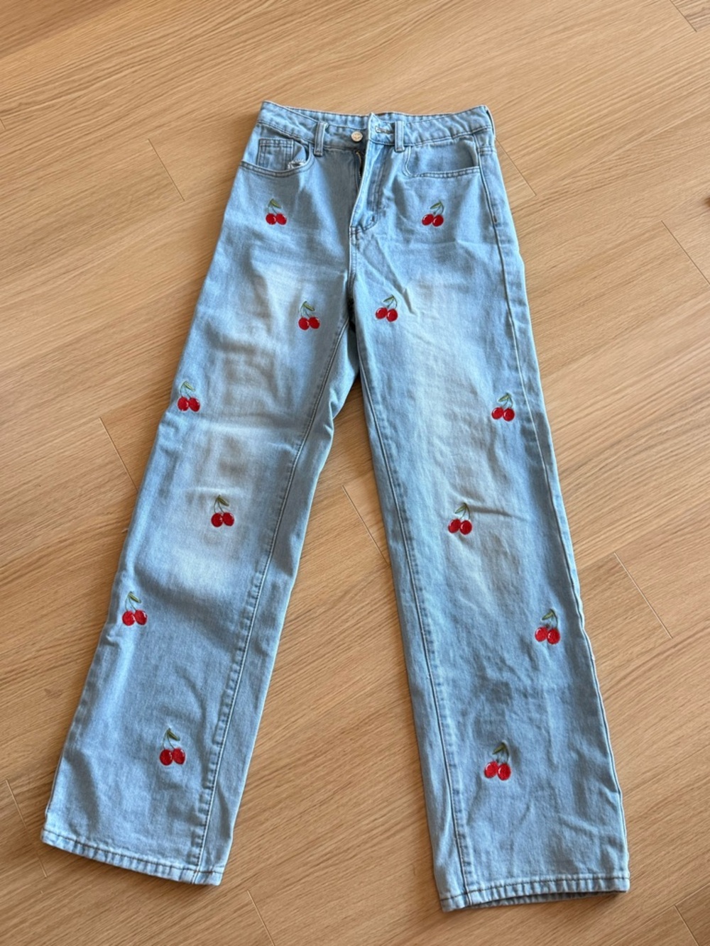 Light Wash Denim Jeans with Embroidered Red Cherries